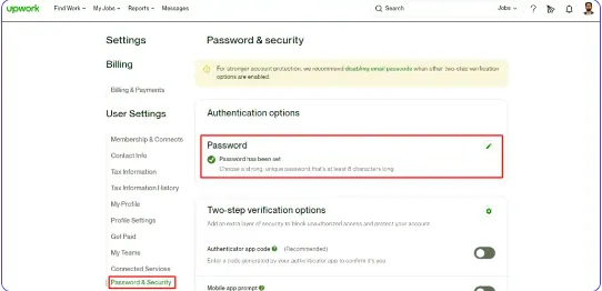 Password and Secuirty on Upwork 