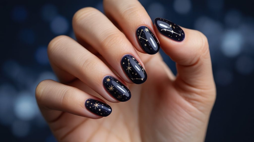 Celestial Charm Black Nails with Star