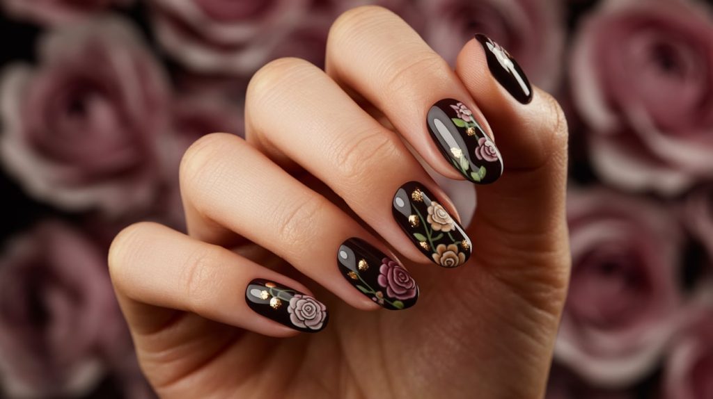 Floral Noir Romantic Black Flower Nail Art