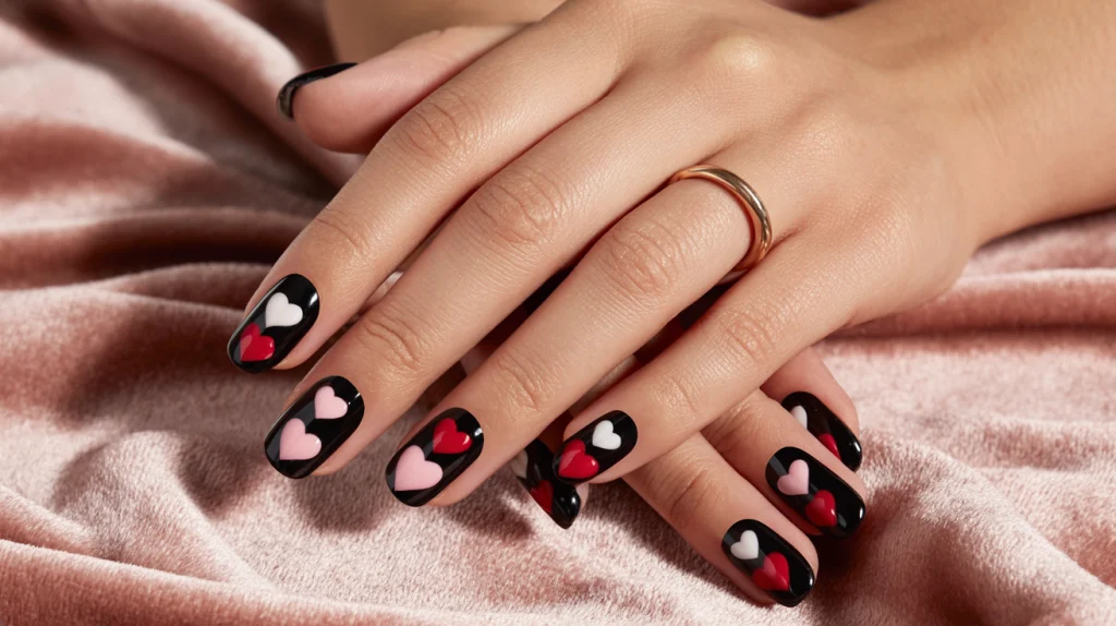 Romantic Touch: Hearts on Glossy Black Nails