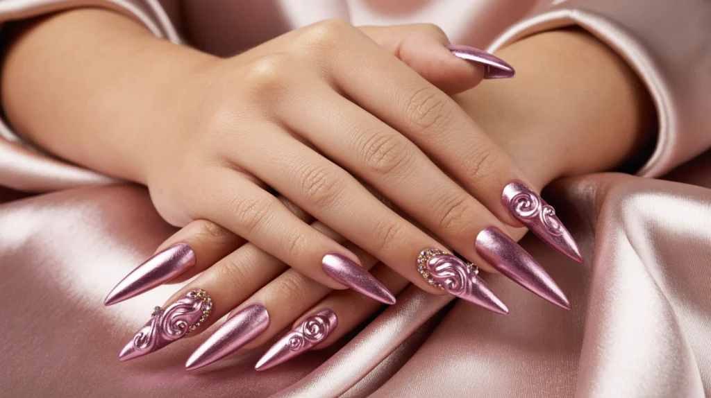 3D Glam: Metallic Mauve Stiletto Nails