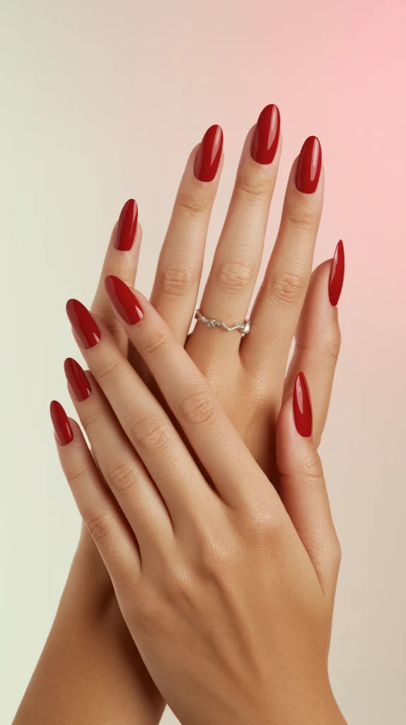 Almond-Shaped Red Acrylic Nails for Soft Elegance