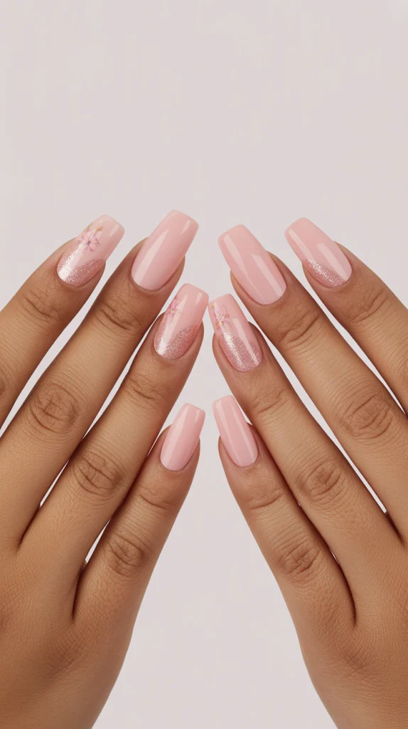Baby Pink Nails with a White Flower Accent