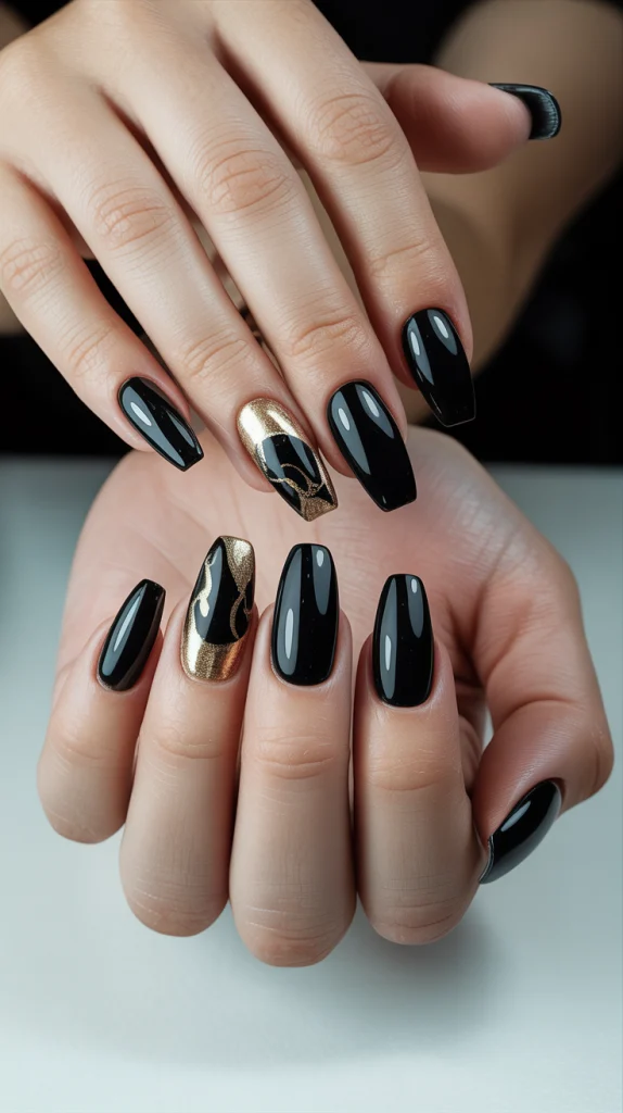 Black and Gold Acrylic Nails