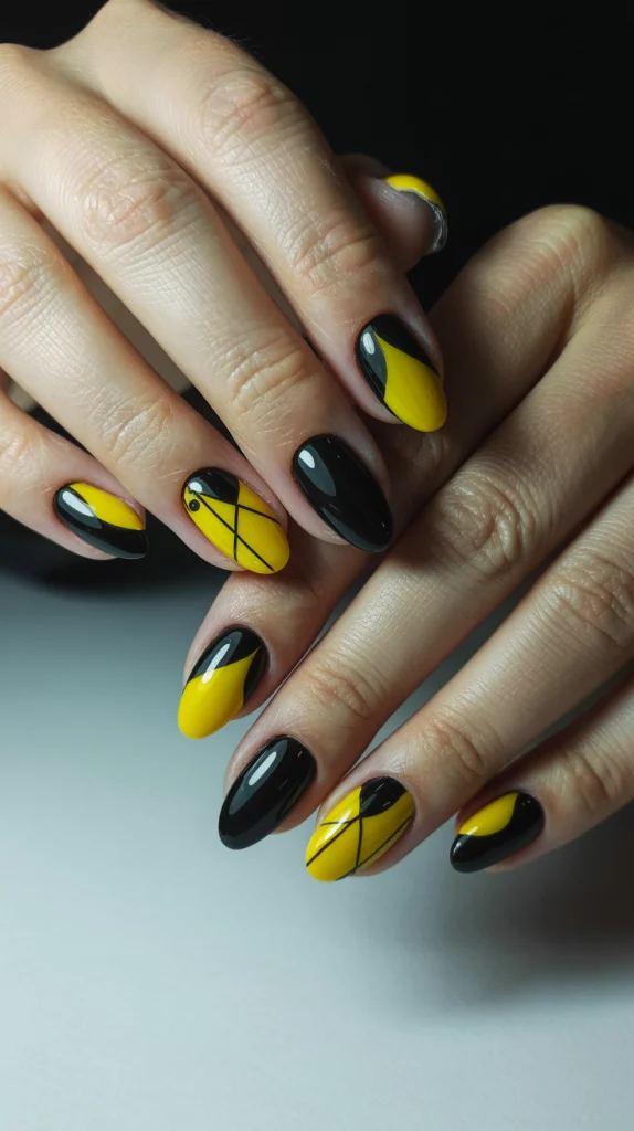 Black and Yellow Oval Geometric Nails