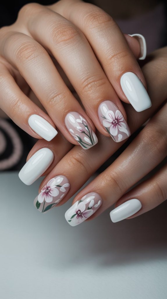Blooming Beauty: White Nails with Floral Accents