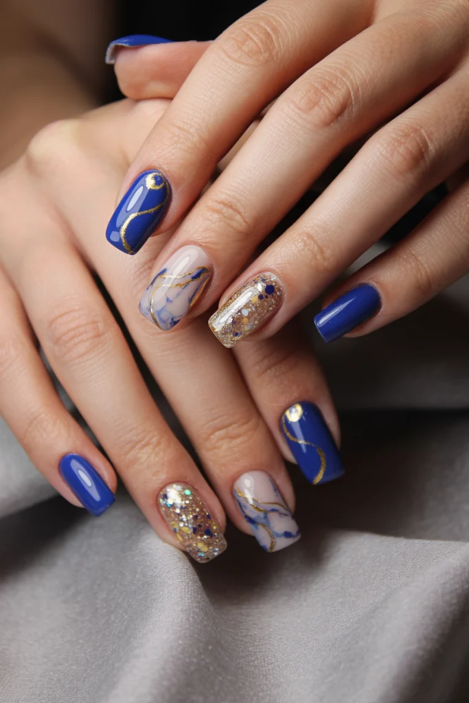 Blue And Gold Acrylic Nails