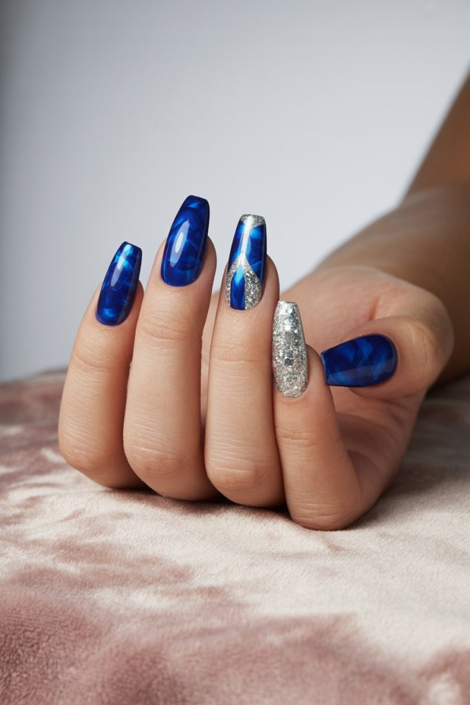 Blue And Silver Acrylic Nails