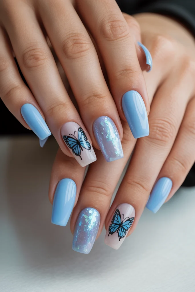 Blue Butterfly Acrylic Nails