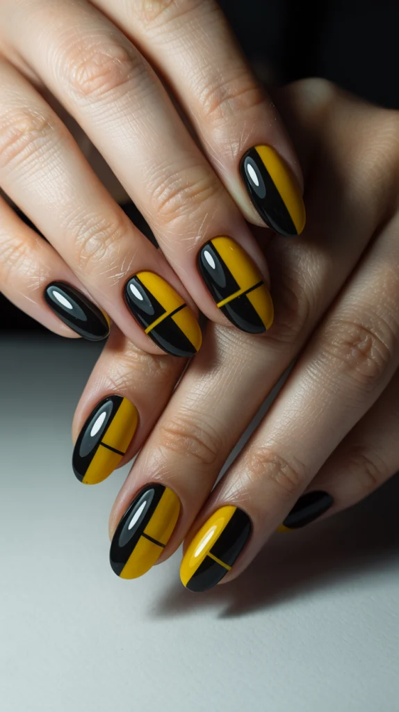 Bold Black and Yellow Almond Nails