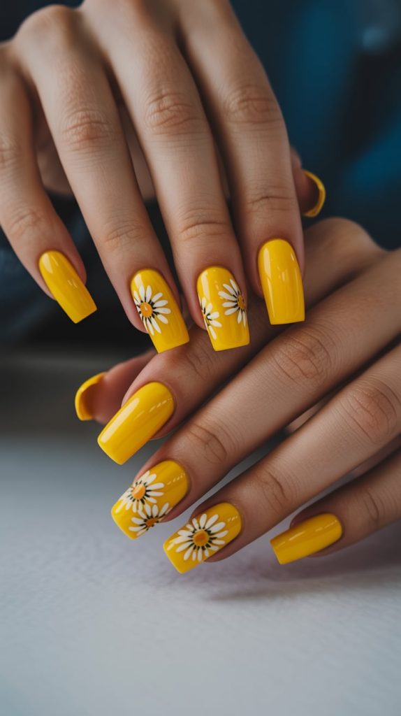 Bright Yellow Acrylic Nails with Fun Daisy Print