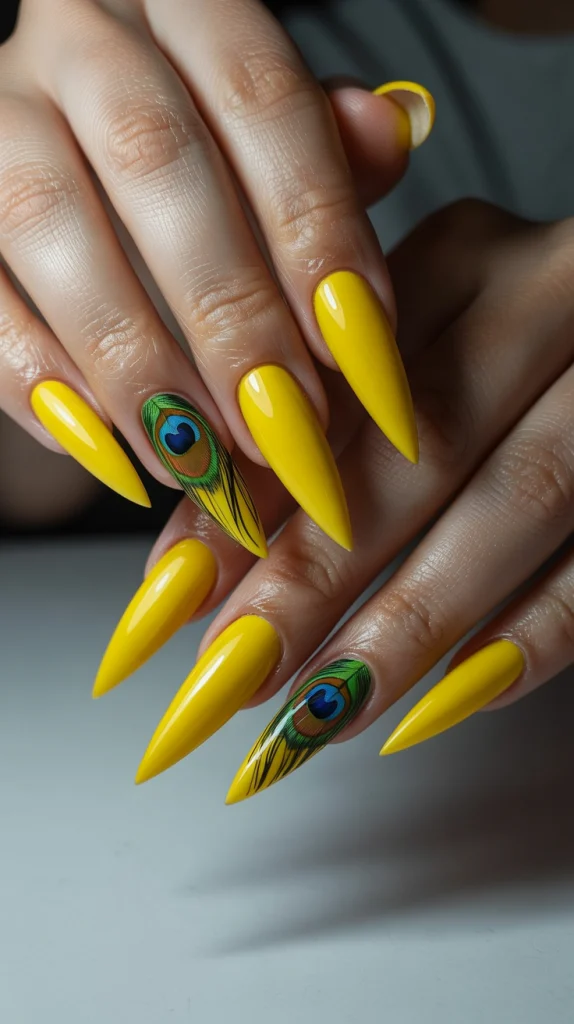Bright Yellow Peacock Stiletto Nails