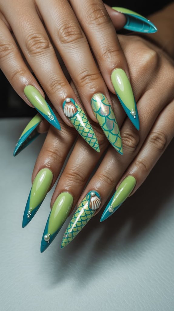 Chartreuse and Turquoise Mermaid Style Acrylics 1
