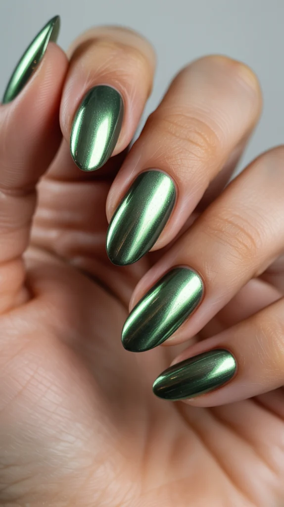 Chrome Green Cat Eye Nails Liquid Metal Vibes
