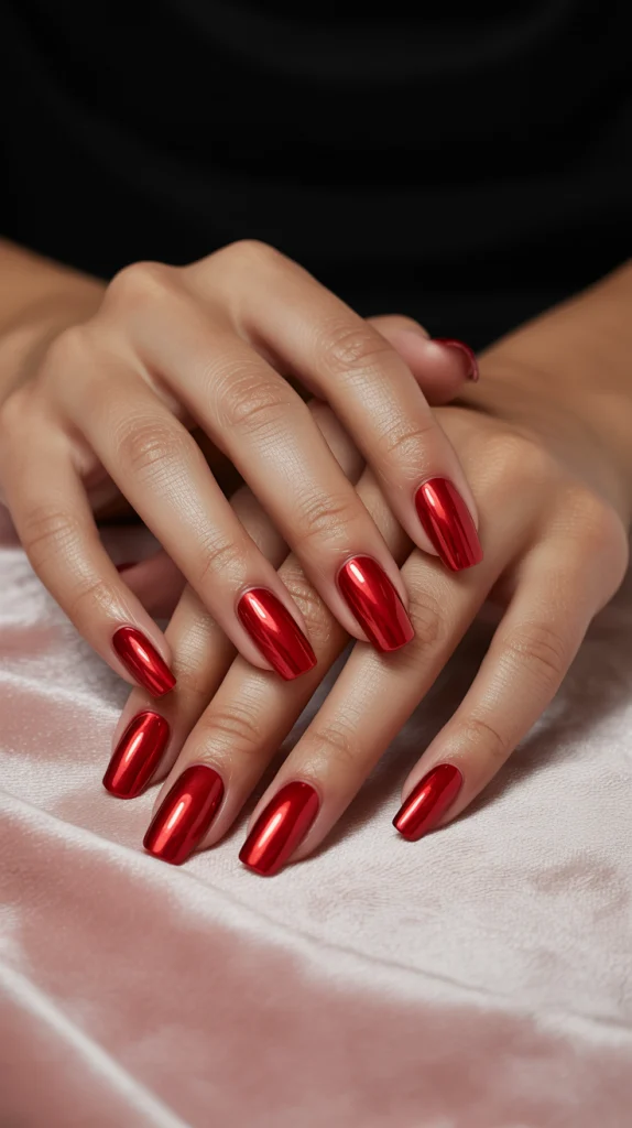 Chrome Red Acrylic Nails That Shine Bright