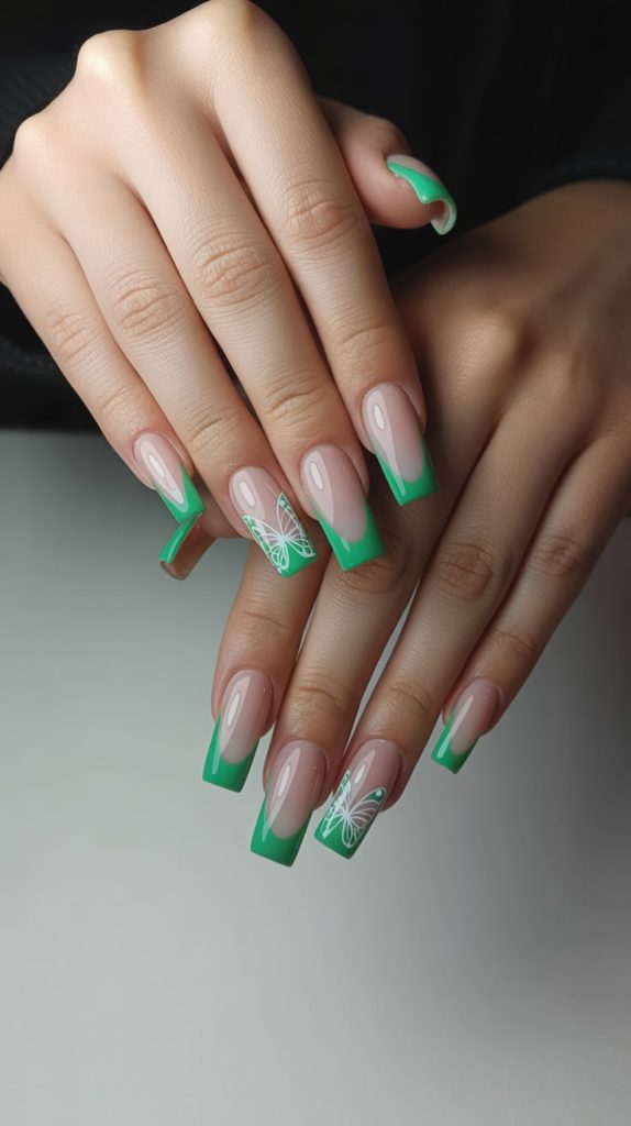 Coffin Nails with Green French Tips and White Butterfly