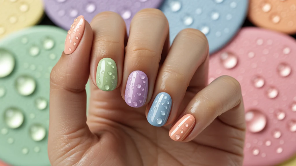 Dewy Delight Glossy Skittle Nails with Dew Drops