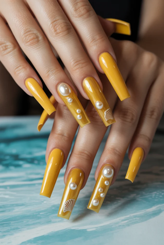 Elegant Golden Yellow with Aquatic Details
