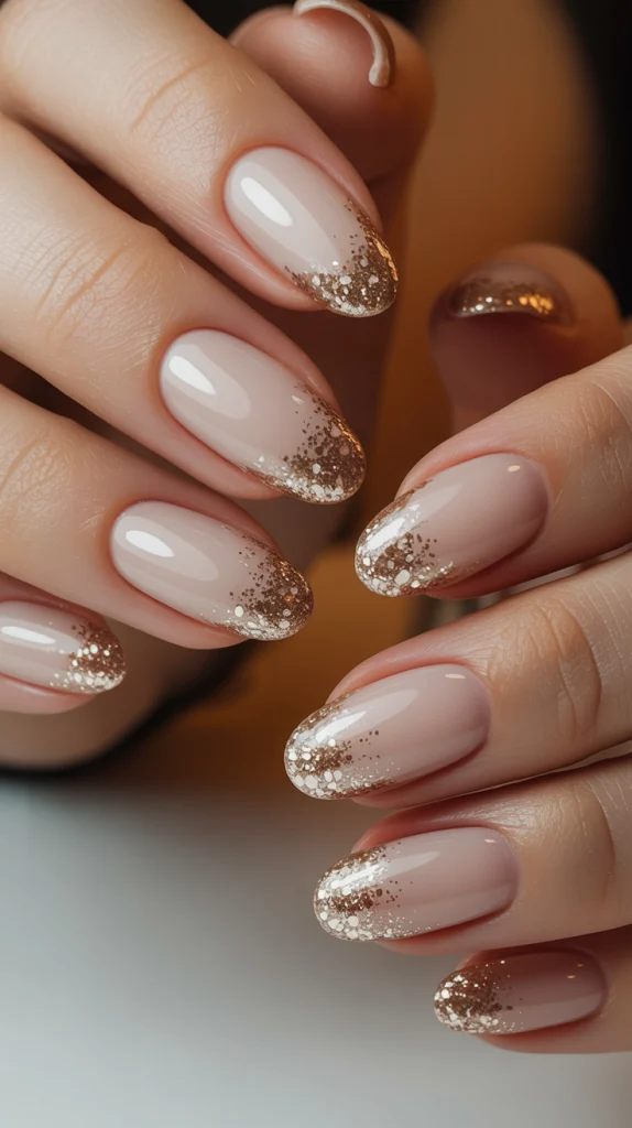 Elegant Nude Nails with Glitter Sparkle