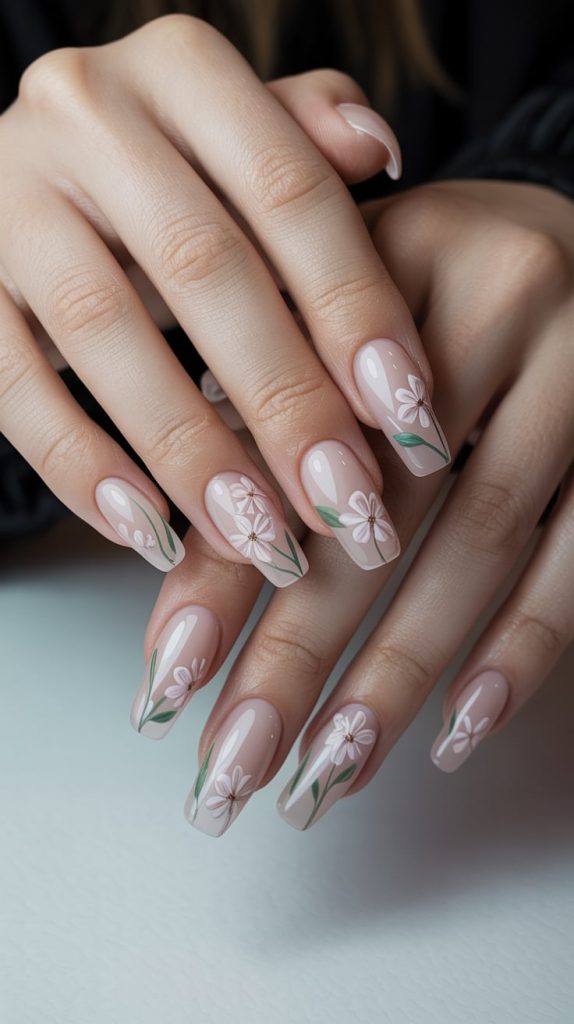 Floral Fantasy Nude Nails with Blossoms
