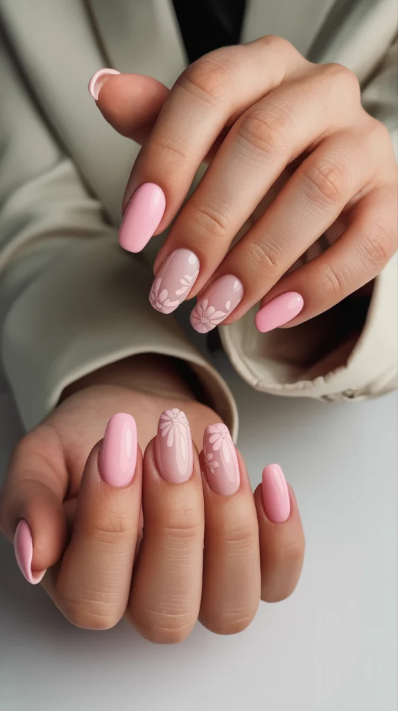 Floral Vibes Pink Nails with Flower Details
