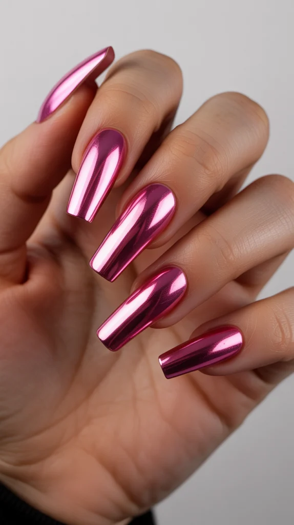 Futuristic Shine Chrome Pink Acrylic Nails