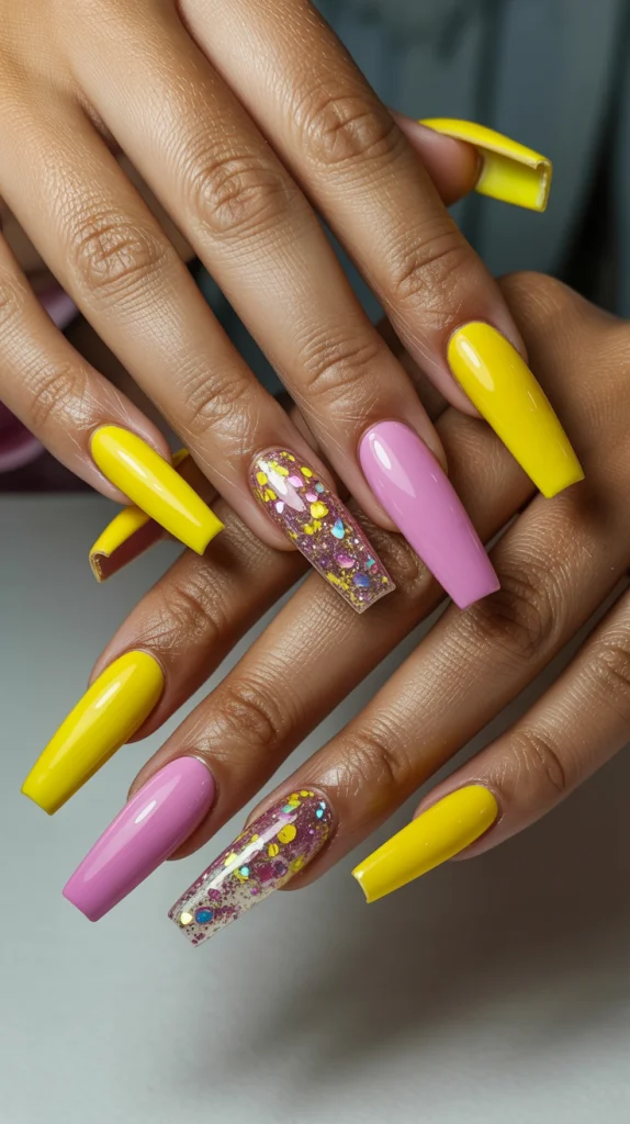 Glitter Yellow and Bubblegum Pink Acrylics