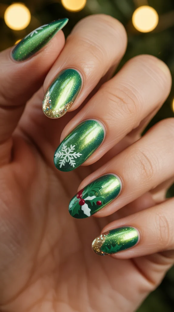 Green Cat Eye Christmas Nails Festive, Fun & Frosted