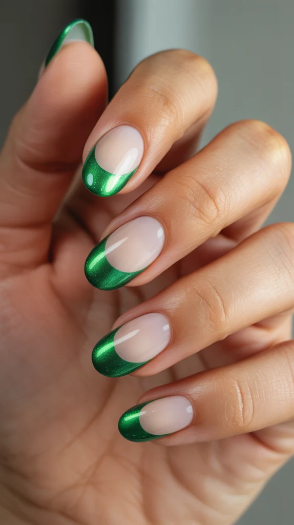 Green Cat Eye French Tips A Fresh Glow on a Classic