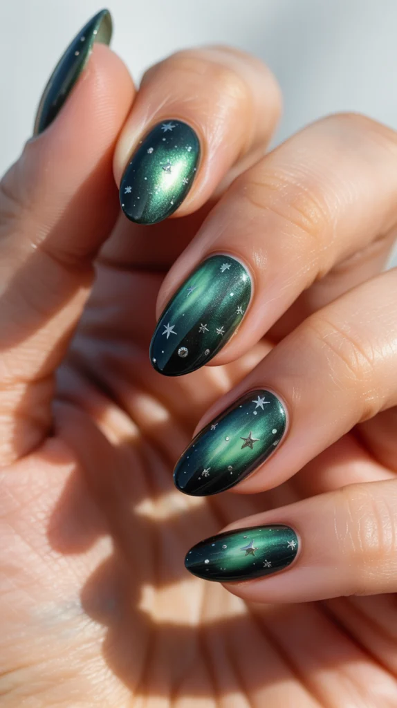 Green Cat Eye Nails Celestial Sky