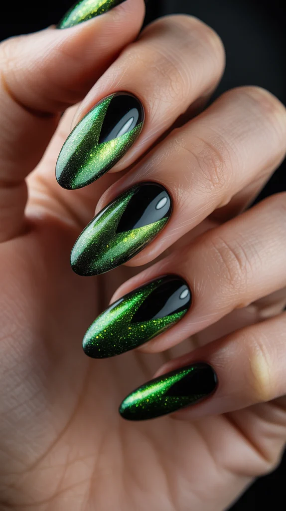 Green Cat Eye Nails with Black Dark & Daring