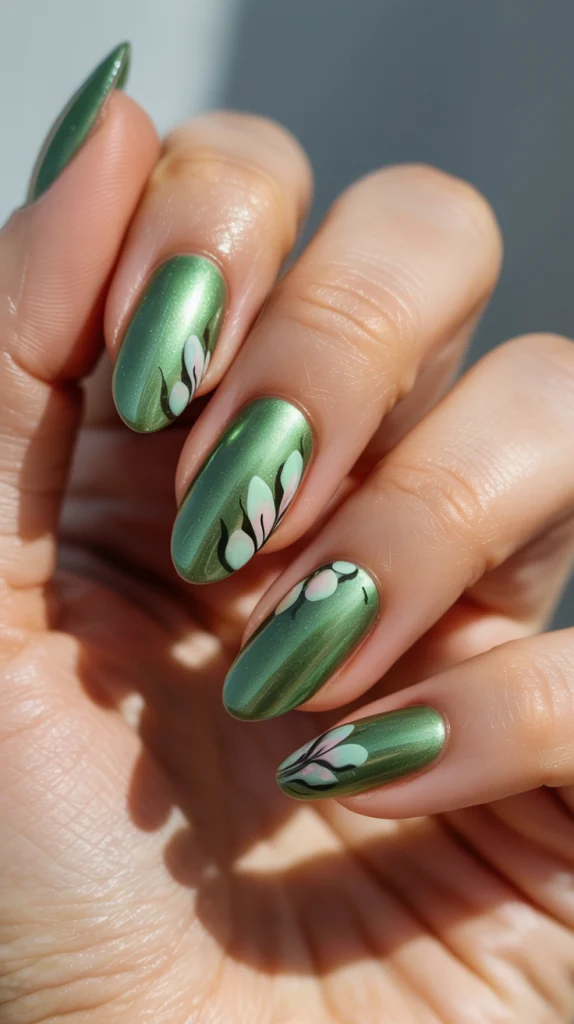 Green Cat Eye Nails with Flowers Nature-Inspired Magic