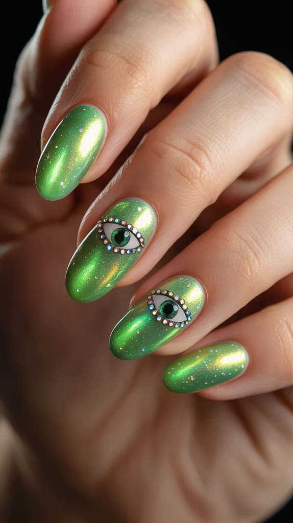 Green Cat Eye Nails with Gems Glam Overload