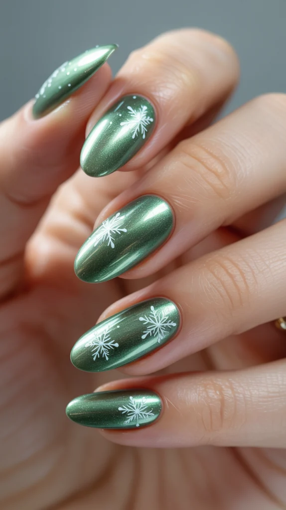 Green Cat Eye Nails with Snowflakes Winter Magic