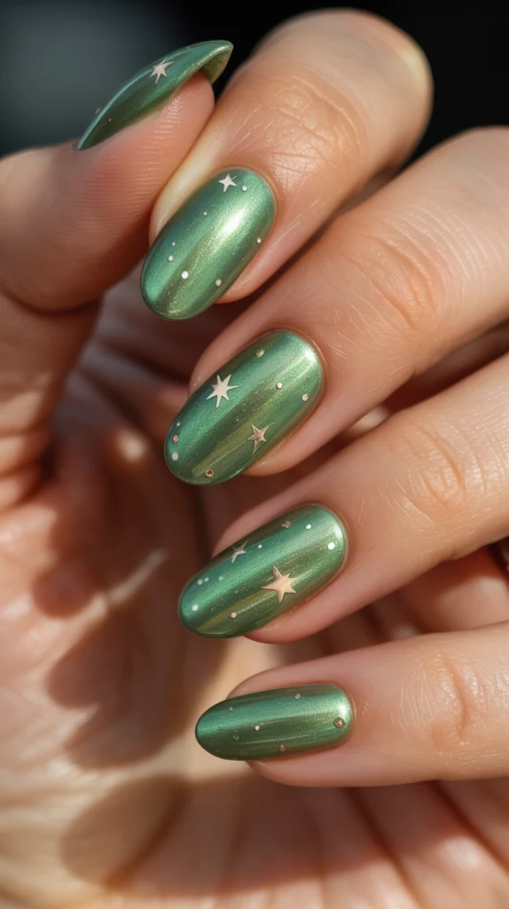 Green Cat Eye Nails with Stars Celestial & Chic