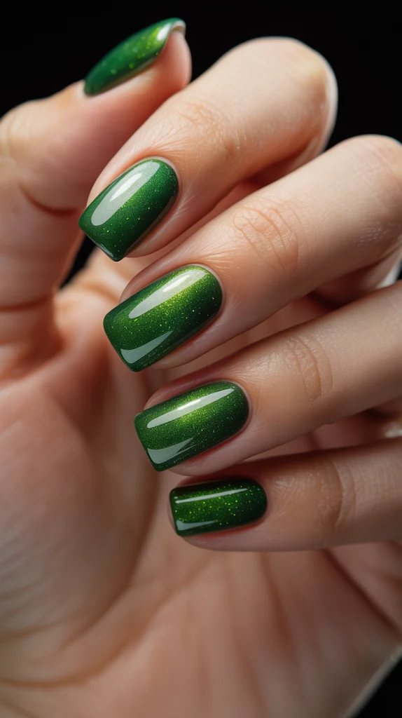 Green Cat Eye Square Nails: Sleek, Sharp, and Shimmery