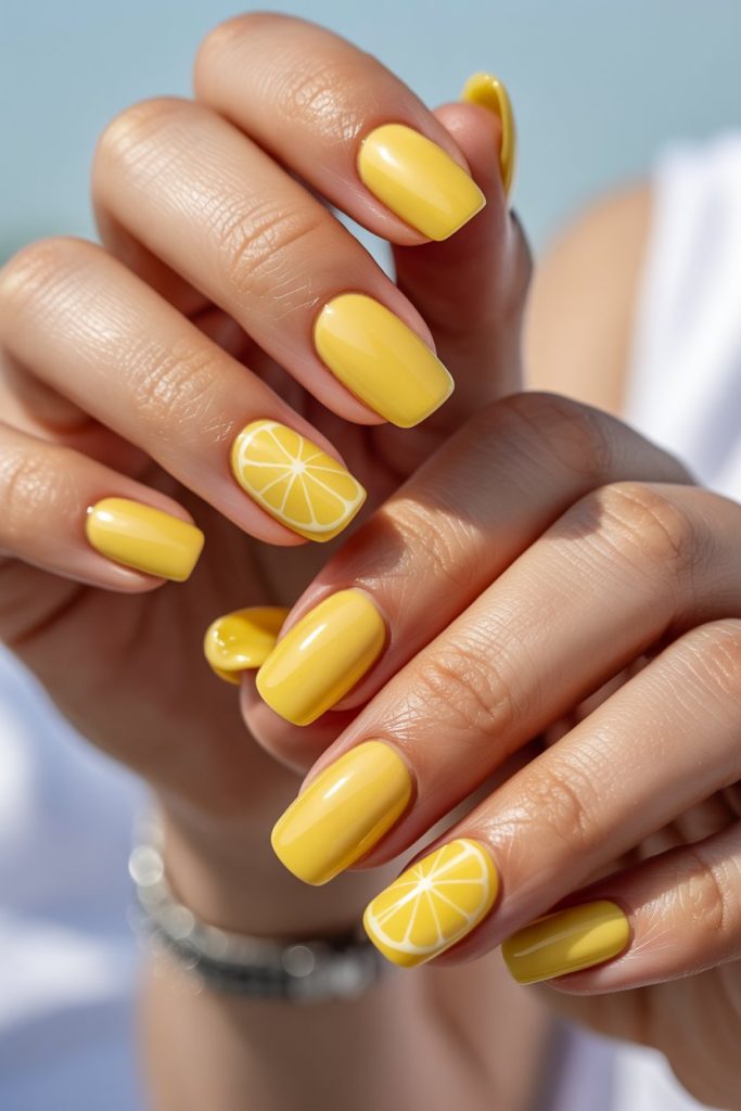 Lemon Colored Nails with Fruit Accents