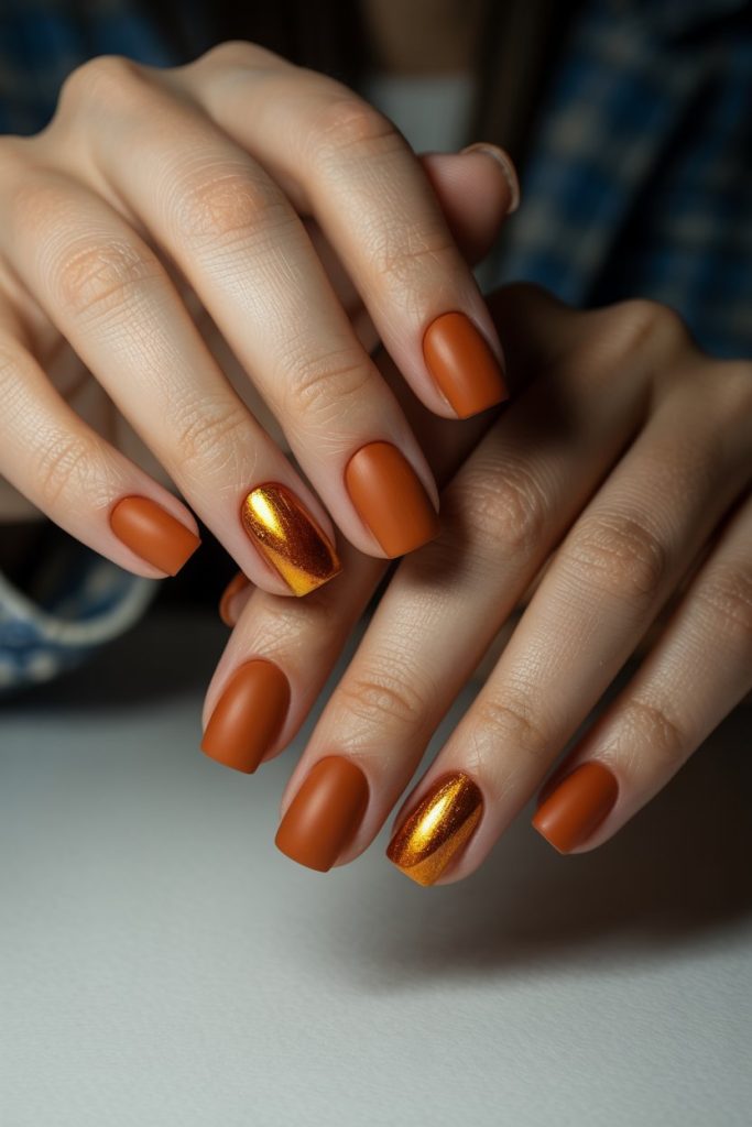 Matte Orange Gold Nails with Square Cut