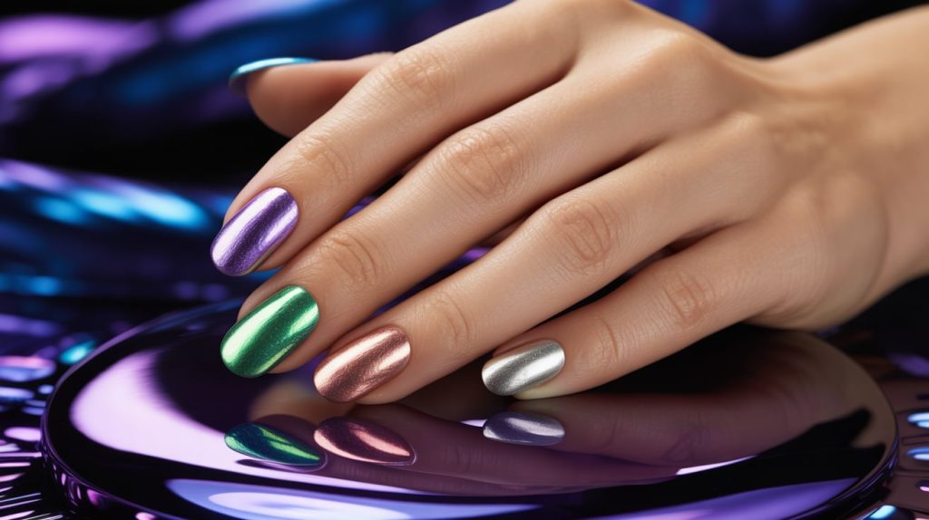Mystic Chrome: Metallic Aura Skittle Nails