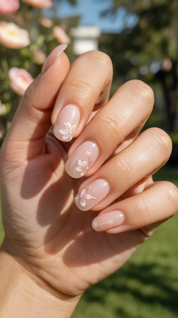 Nude Nails with Design with Flower Soft & Romantic Bloom