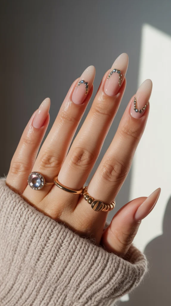 Nude Nails with Design with Gems Glam