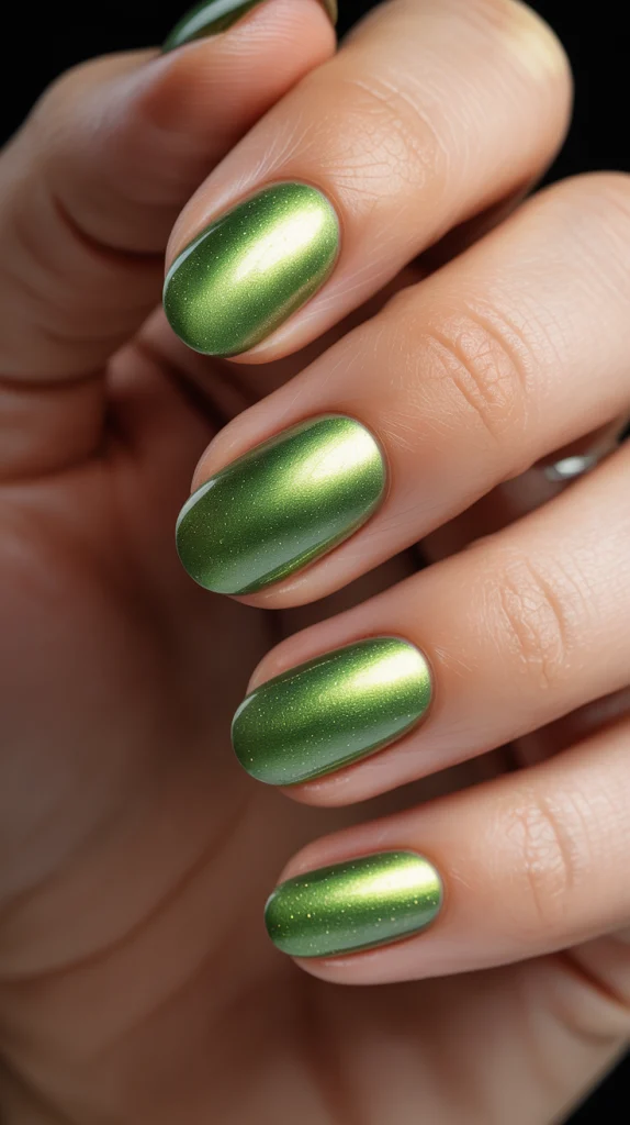 Oval Green Cat Eye Nails Soft Shape, Strong Glow