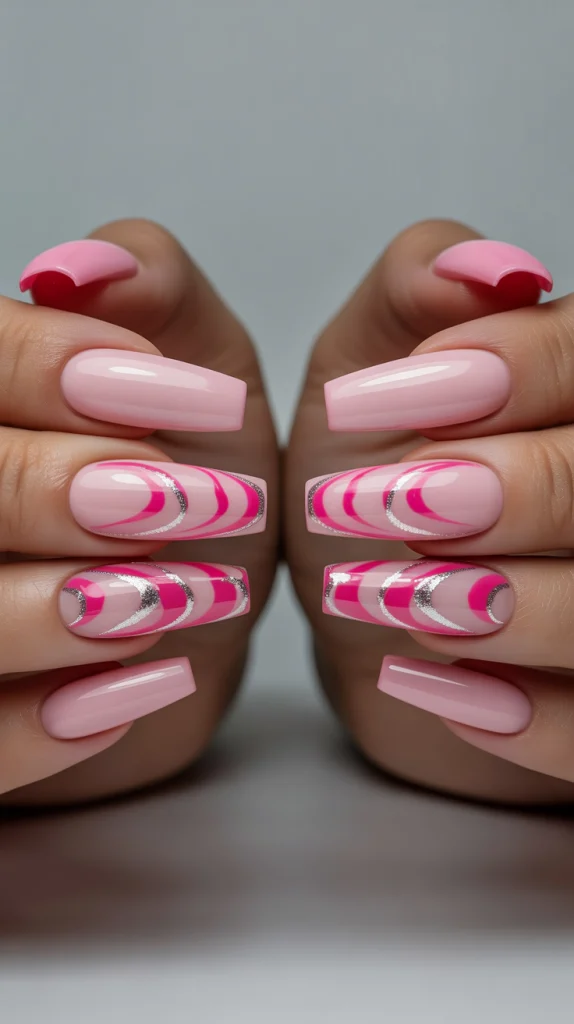 Pink Coffins with Bright Pink and Silver Swirls