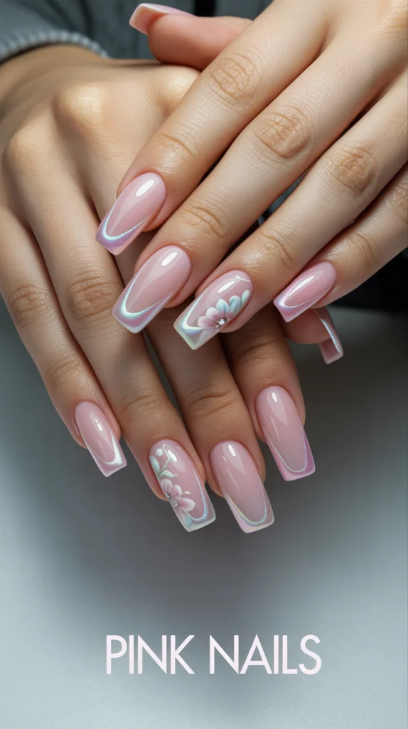 Pink Nails with Half Shimmer and Flower Design