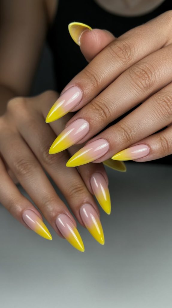 Pink and Yellow Ombre Stiletto Nails