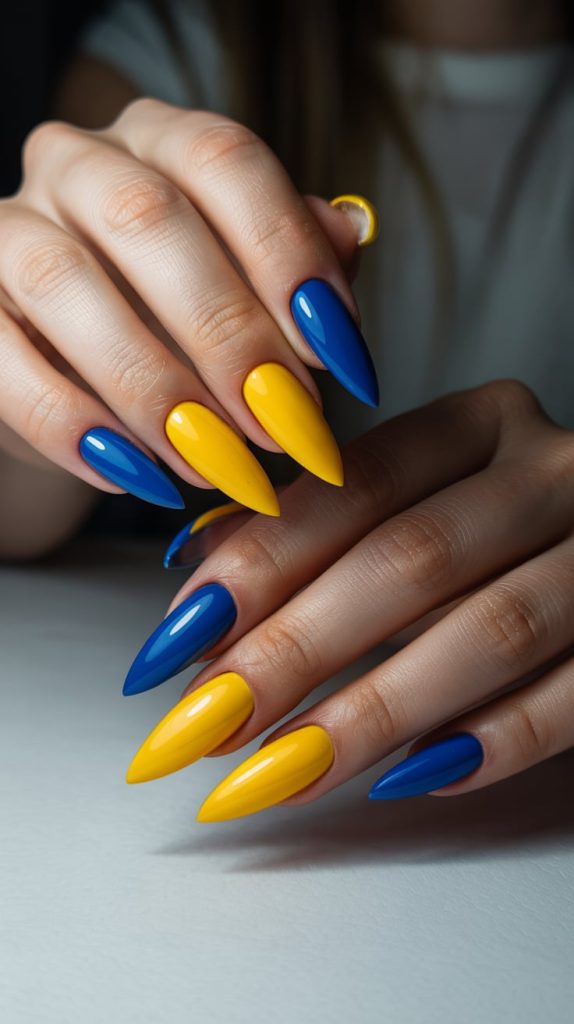 Pointy Yellow and Blue Acrylic Nails
