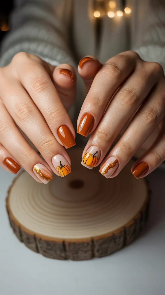 Pumpkin Spice Vibes Acrylic Nails with Pumpkin Art