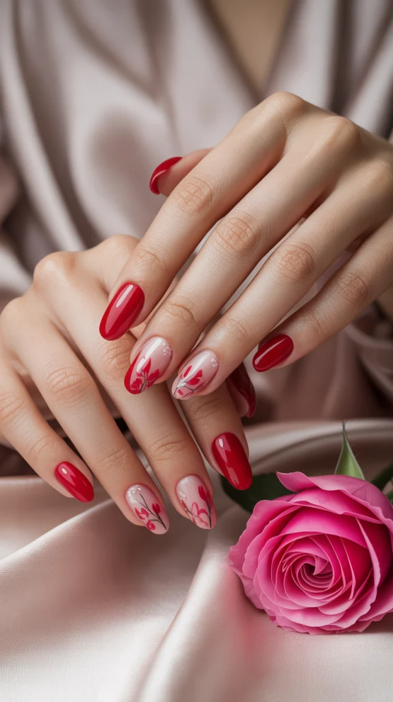 Red Acrylic Nails with Floral Details