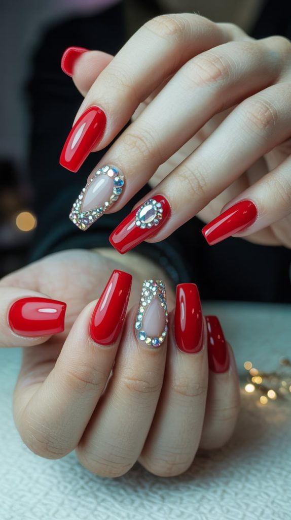 Red Nails with Gem Accents for Instant Glam