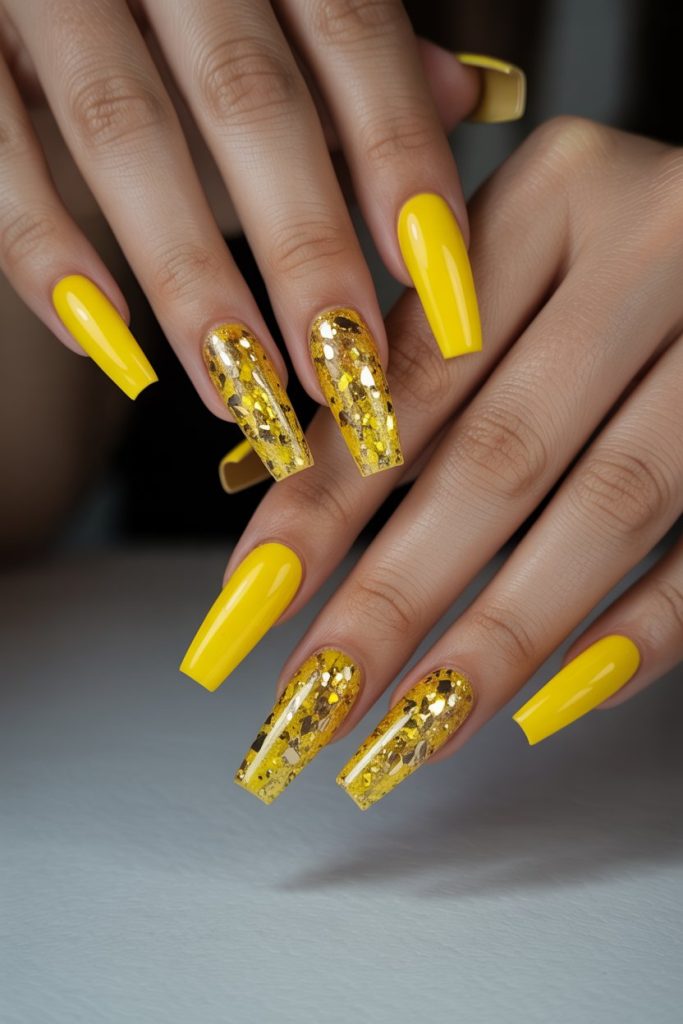 Sassy Yellow Acrylic Nails with Bold Glitter